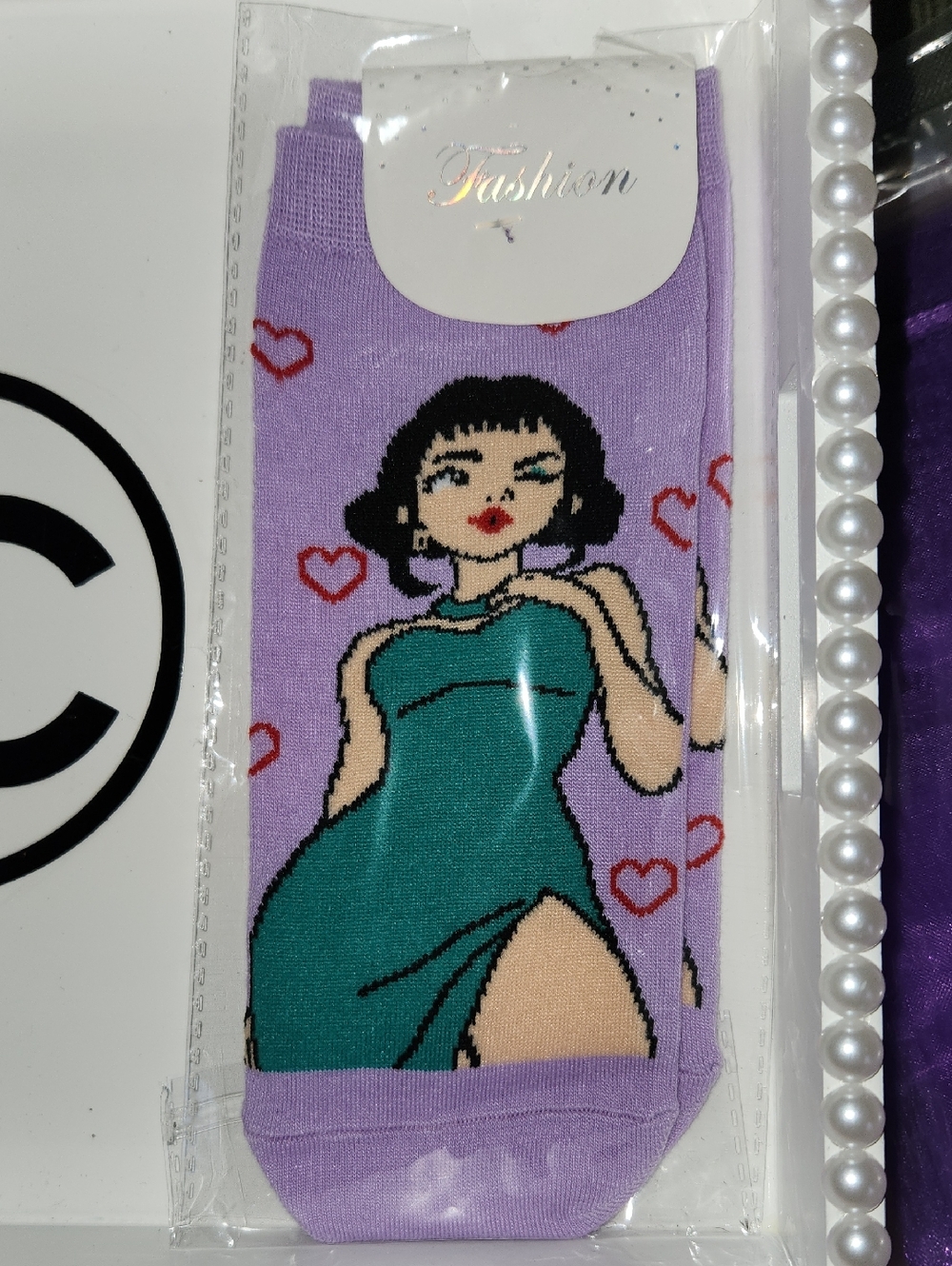 Purple Crew Socks with Teal Dress Graphic